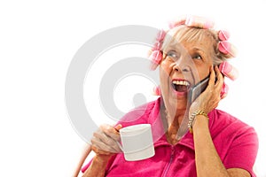 Happy, Surprised Lady in Curlers on Cell Phone