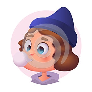 Happy surprised young girl character with bubble gum. Avatar character illustration.