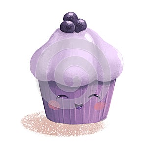 Cute bakery food patisserie blueberry icing cupcake isolated on white background