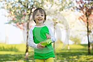 Happy sweet preschool child, celebrating fifth birthday of cu