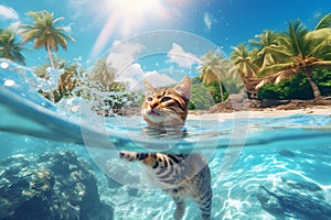 A happy tabbby cat swimming in the sea, tropical island paradise in summer, small adventure in holidays, Generative AI