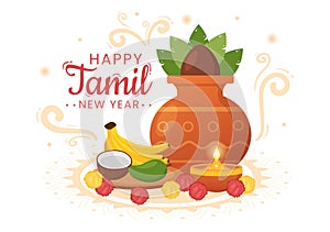 Happy Tamil New Year Illustration with Vishu Flowers, Pots and Indian Hindu Festival in Flat Cartoon Hand Drawn for Landing Page photo