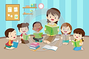 Happy teacher with Boy and girls learning or studying.children with Back to School Concept education