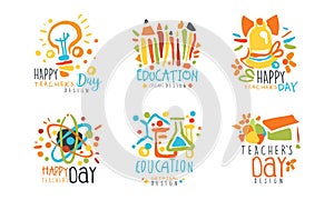 Happy Teacher Day and Education Label Design Vector Set