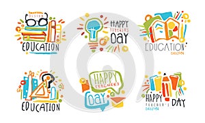 Happy Teacher Day and Education Label Design Vector Set