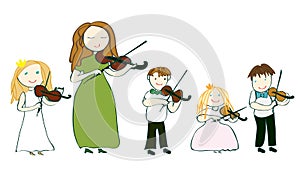 Happy teacher and little children violinists play the violin on a white background, vector, illustration, music lessons