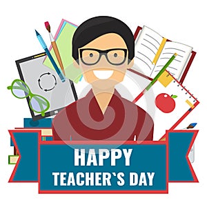 Happy Teacher`s Day concept. Card with teacher and school stuff.