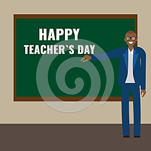 Happy Teacher`s Day concept. Teacher at the blackboard gives a lecture.