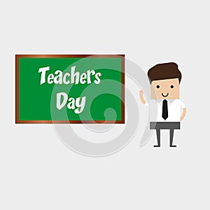 Happy Teacher`s Day. A kind teacher stands at the blackboard