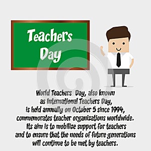 Happy Teacher`s Day. A kind teacher stands at the blackboard