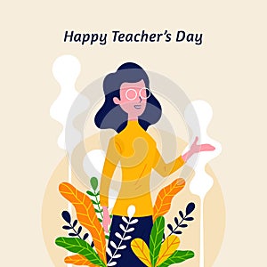 Happy teacher`s day with nature flower leaf ornament decoration background poster. Woman Teacher with explain gesture hand vector