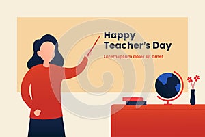Happy Teacher`s day poster background template design. Woman teacher with explain gesture in front of the class room vector