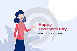 Happy teacher`s day simple background poster. Teacher with explain gesture hand vector illustration. modern simple flat graphic