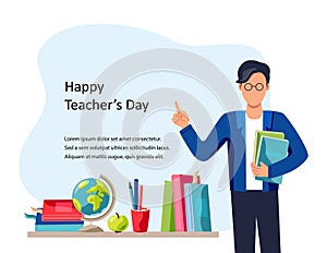 Happy Teacher`s day. Smiling male teacher with books