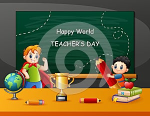 Happy Teacher`s Day text on chalkboard with kids in the classroom