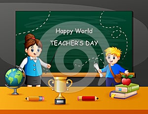 Happy Teacher`s Day text on chalkboard with kids and teacher