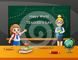 Happy Teacher`s Day text on chalkboard with kids and teacher