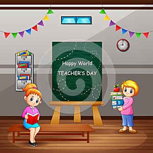 Happy Teacher`s Day text on chalkboard with woman teachers in the classroom