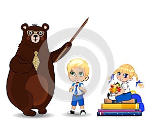 Cartoon bear teacher in glasses holding pounter and school children on white background