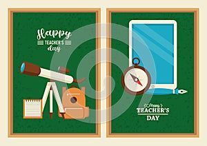 Happy teachers day card with tablet elearning and chalkboards supplies