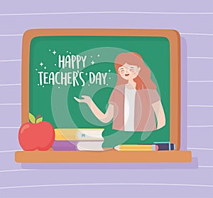 Happy teachers day, chalkboard teacher apple books and pencil