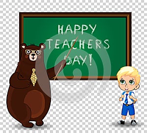 Happy teachers day clip art with cartoon bear teacher and student boy isolated