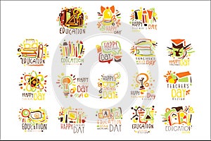 Happy Teachers Day Colorful Graphic Design Template Logo Set ,Hand Drawn Vector Stencils