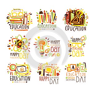 Happy Teachers Day Colorful Graphic Design Template Logo Set ,Hand Drawn Vector Stencils