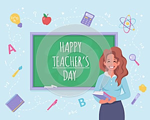 Happy teachers day concept. Female teacher in classroom with chalkboard. Vector illustration