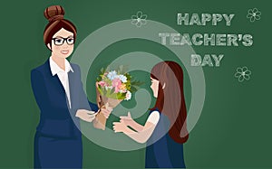 Happy teachers day. Concept. Female teacher in classroom. Vector illustration