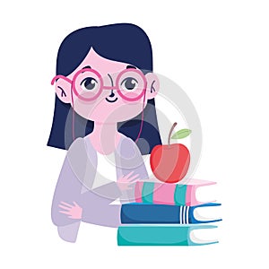Happy teachers day, cute teacher apple on books cartoon