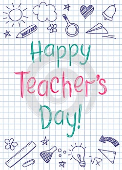 Happy Teachers Day greeting card on squared copybook sheet in sketchy style