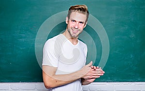 Happy teachers day. Master of simplification. Man teacher in front of chalkboard. Teaching could be more fun. Advantages