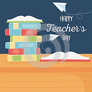 Happy teachers day, school open book on stack books