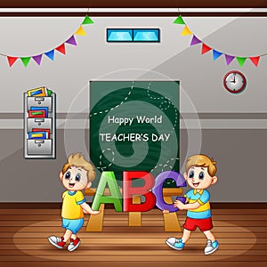 Happy Teachers Day with student holding ABC letter