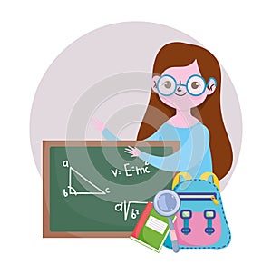 Happy teachers day, teacher blackboard backpack book and magnifier cartoon