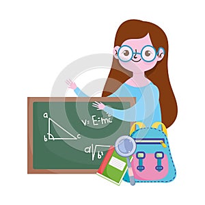 Happy teachers day, teacher blackboard backpack book and magnifier cartoon
