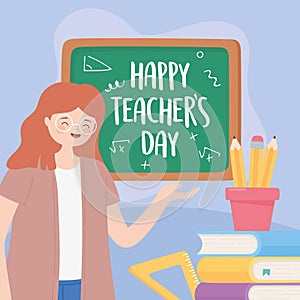 Happy teachers day, teacher blackboard pencils in cup books and ruler