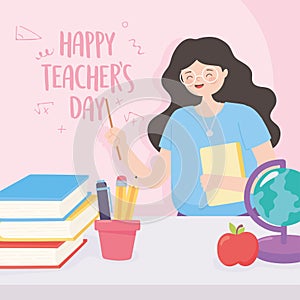 Happy teachers day, teacher school globe map apple books and pencils