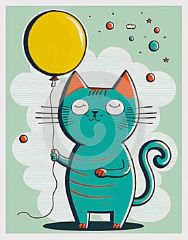 Happy Teal Cat with a Yellow Balloon