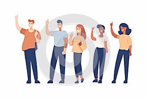 Happy team giving a thumbs up to recommend a good quality service. Vector illustration