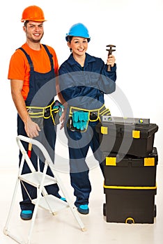 Happy team of plumbers photo