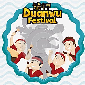 Happy Team of Rowers with Dragon Silhouette for Duanwu Festival, Vector Illustration