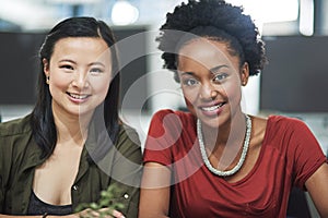 Happy, teamwork and portrait of business women in office for collaboration creative project. Team, pride and interracial