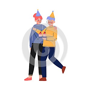 Happy Teen Boy and Girl Celebrating Birthday, Teenagers Having Festive Party Vector Illustration