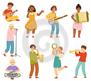 Happy Teen Boy and Girl Playing Different Musical Instruments and Singing Song Performing on Stage Vector Set