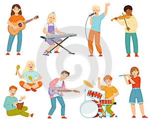 Happy Teen Boy and Girl Playing Different Musical Instruments and Singing Song Performing on Stage Vector Set