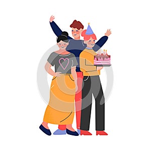 Happy Teen Boy and Girls Having Birthday Party, Group of Teenagers Standing with Festive Cake Vector Illustration