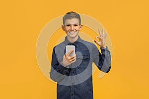 Happy teen boy holding smartphone and making OK gesture with hand