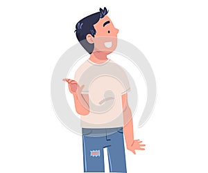 Happy Teen Boy Standing and Smiling Showing Hand Gesture Vector Illustration